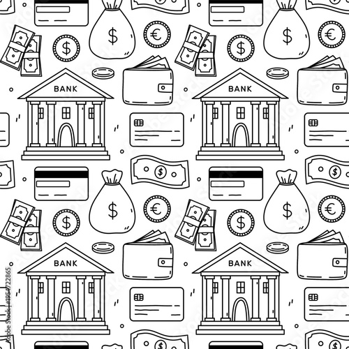 Seamless finance pattern with money bags, wallet, credit cards, bank, coins and cash. Black and white doodle background for business, investment design. Vector hand-drawn illustration