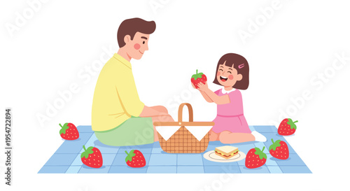 A cartoon illustration of a man and a little girl having a picnic on a blue blanket with strawberries and a basket.