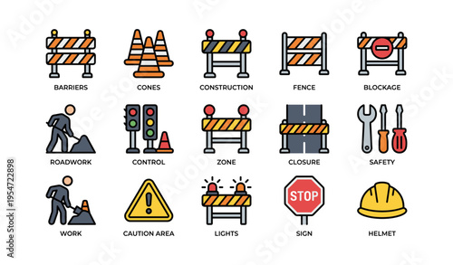 Construction site icons: barriers, cones, traffic signs, safety gear