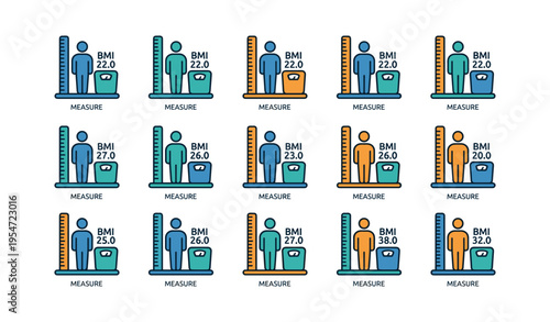 Bmi measurement icons: diverse figures and scales displayed with height and weight