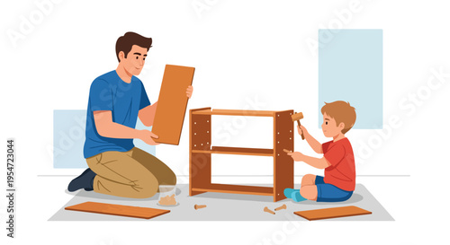 A man and a boy assembling furniture on the floor in a modern room with a minimalist background.