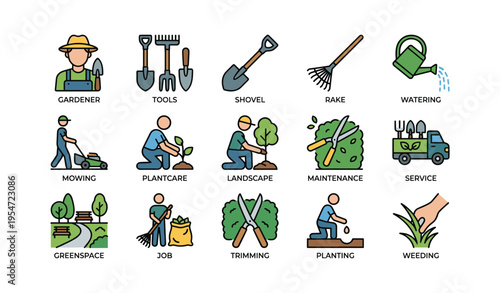 Gardening tools and activities icons: gardener, planting, trimming, watering, mowing