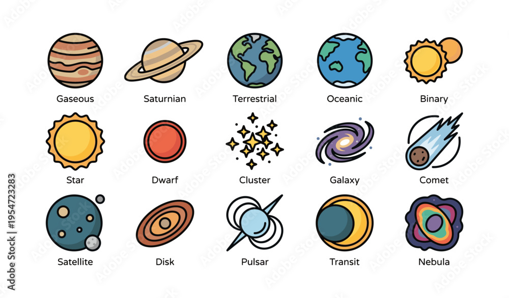 Fototapeta premium Illustrations of celestial bodies including planets, stars, and galaxies