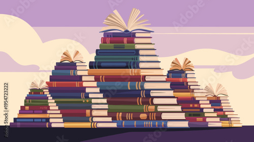 Literary mountain landscape with book spine peaks – Perfect for publishing house logos, reading advocacy, or wisdom and growth concepts.