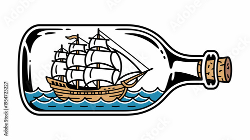 Ship in glass bottle vector tattoo – Great for coastal decor, pirate-themed marketing, or traditional art inspiration.