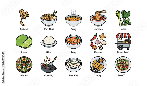 Icons of thai cuisine with pad thai curry noodles and street food elements