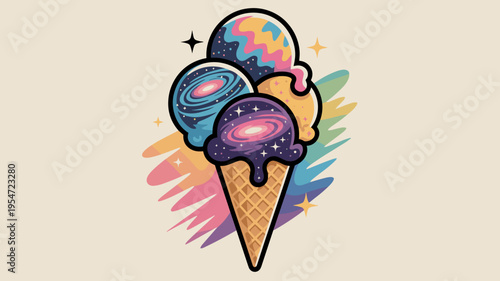 Cosmic ice cream cone with galaxy scoops – Great for kids' menus, creative food blogs, or colorful summer promotions.