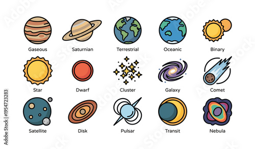 Illustrations of celestial bodies including planets, stars, and galaxies