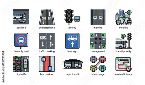 Public transit icons: bus lanes, traffic markings, management, dedicated lane, interchange
