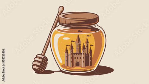 Whimsical honey jar with castle and dipper – Perfect for artisan honey brands, gift shop graphics, or children's book art.