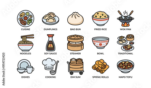 Asian cuisine icons: dumplings, bao bun, wok, soy sauce, dim sum