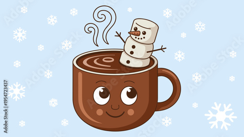 Hot chocolate mug with marshmallow snowman – Ideal for winter holiday cards, cozy cafe menus, or seasonal social media.