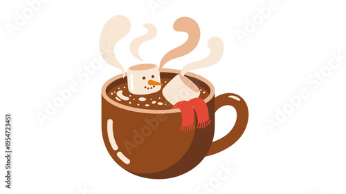 Steaming hot chocolate with floating snowman – Perfect for bakery signage, winter festival posters, or holiday treat ads.