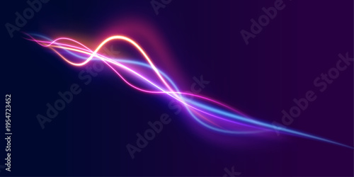 Neon curves intersect in a dynamic pattern. Tiny lights flicker along the lines. The visual suggests technology and speed.