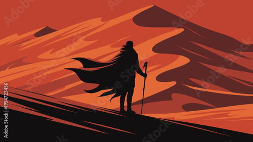 Silhouette of traveler in red sand desert – Ideal for adventure travel, solitude concepts, or book cover backgrounds.