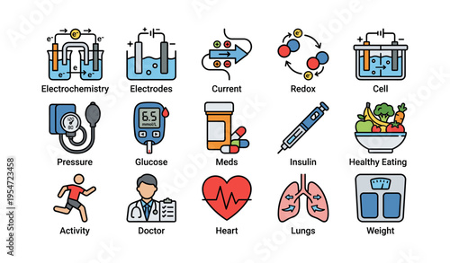 Science and health icons: electrochemistry, medicine, fitness, and nutrition concepts