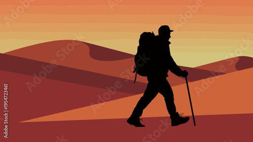 Black silhouette of traveler in red desert – Perfect for mystery novels, trekking gear ads, or exploration themes.