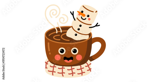 Smiling hot cocoa mug and marshmallow snowman – Suitable for kids' winter activities, holiday stationery, or cozy home decor.