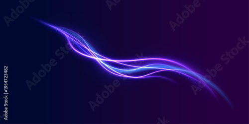 Bright violet waves ripple through empty space. Glittering dust follows each elegant curve. The image conveys motion and digital beauty.