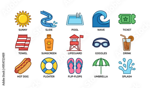 Colorful summer icons featuring pool, slide, wave, and lifeguard elements
