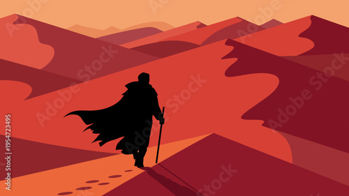 Solitary traveler walking through red dunes – Suitable for travel documentaries, isolation concepts, or dramatic landscape art.