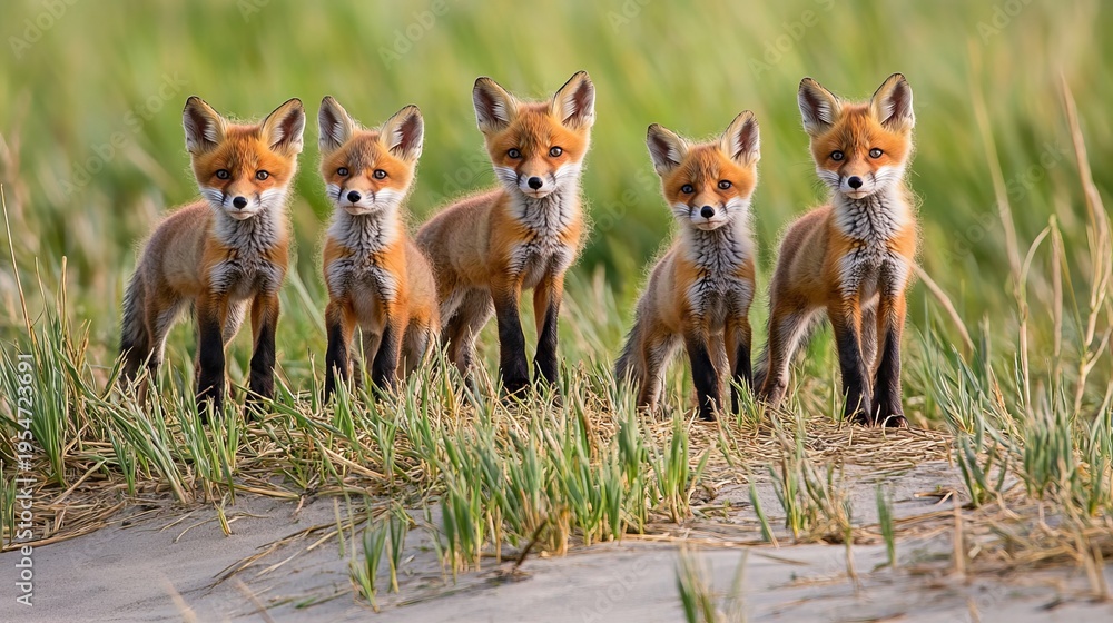 Naklejka premium Five Playful Red Fox Kits Curiously Exploring Their Green Grassy Field Habitat Together Outdoors