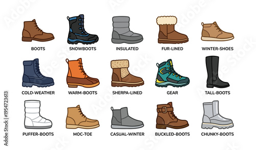Variety of winter boots illustrated: warm, insulated, and stylish footwear collection