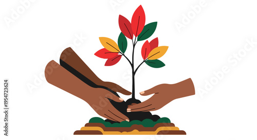 Illustration of two hands nurturing a small plant with colorful leaves on a plot of land against a white background.