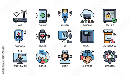 Health and technology icons representing telehealth and monitoring devices