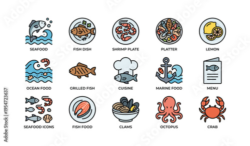 Seafood cuisine icons featuring fish, shrimp, clams, and marine food elements