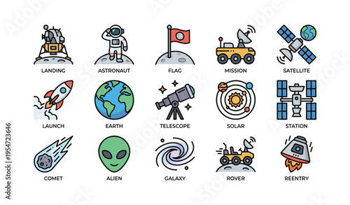 Space exploration icons: astronaut, rover, satellite, earth, alien, galaxy