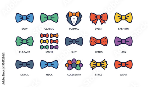 Colorful bow tie icons collection: classic, formal, elegant, retro, fashion
