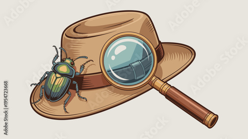 Explorer hat with magnifying glass and beetle – Ideal for adventure branding, childhood discovery, or science education.