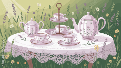 Elegant tea set on lace tablecloth outdoors – Perfect for Mother's Day cards, high tea event posters, or floral art prints.