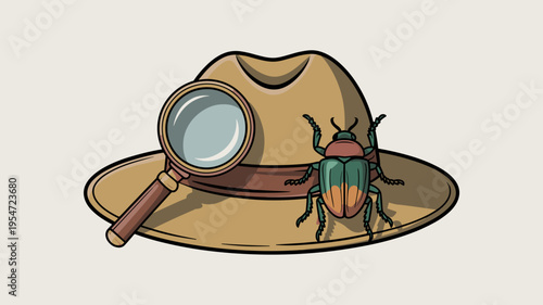 Khaki safari hat with iridescent rare beetle – Suitable for zoology blogs, expedition themes, or treasure hunt graphics.