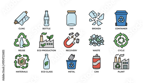 Recycling icons: cling, bottle, jar, broken, eco symbols for waste management