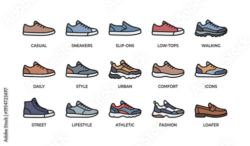 Variety of casual and athletic sneakers with different styles and designs