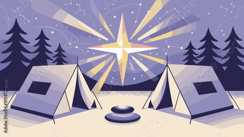 Otherworldly campsite with glowing star campfire – Great for dreamlike meditation content, sci-fi book covers, or wonder-filled ads.