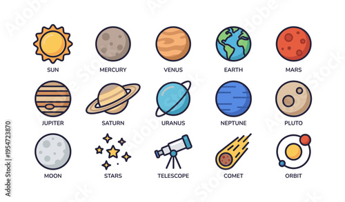 Illustrated solar system elements including planets, sun, moon, and space icons