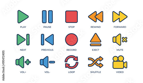 Set of colorful media control icons: play, pause, stop, forward, and more