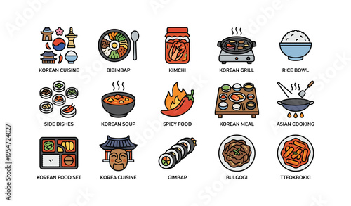 Colorful korean cuisine icons illustrating diverse traditional dishes and cooking styles
