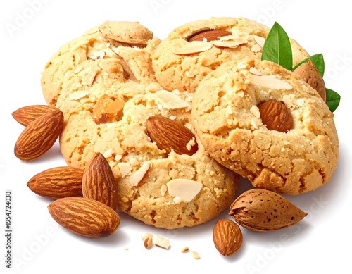 Close-up of almond cookies, with whole almonds and leaves. Light cookies with almond flakes on top. White background