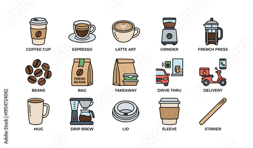 Coffee essentials collection: cups, espresso, latte art, grinder, french press