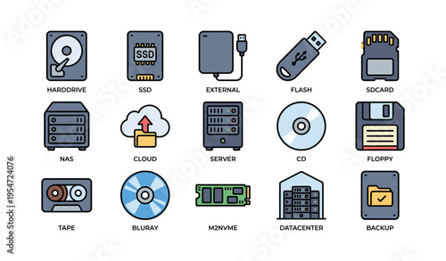 Digital storage icons: hard drive, ssd, cloud, server, and more