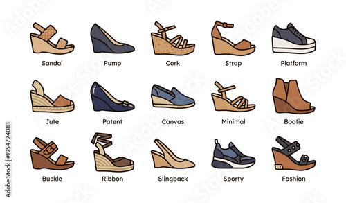 Various women's shoe styles: sandals, pumps, wedges, sneakers, booties