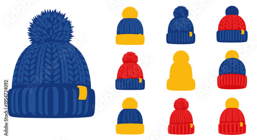 Winter Hats Collection: Bobble Beanies and Pom-Pom Caps in Blue, Red, Yellow