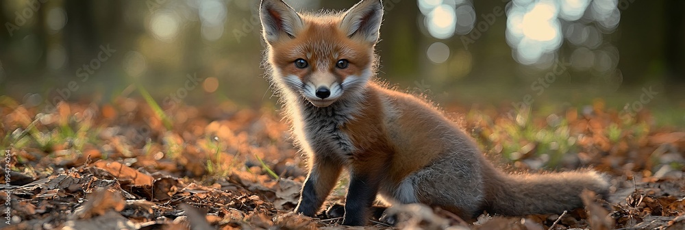 Fototapeta premium Adorable fox cub nestled in a sunlit forest, surrounded by glowing leaves and enchanting trees.