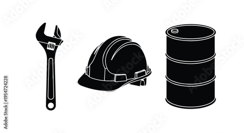 Black and white illustration of a wrench, hard hat, and oil barrel on a plain background.