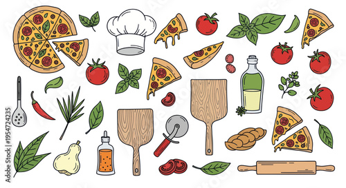 Hand-Drawn Pizza Ingredients and Tools Collection - Food Illustration