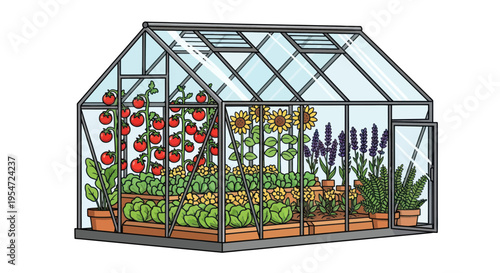 Greenhouse Garden with Tomatoes, Sunflowers, and Lavender